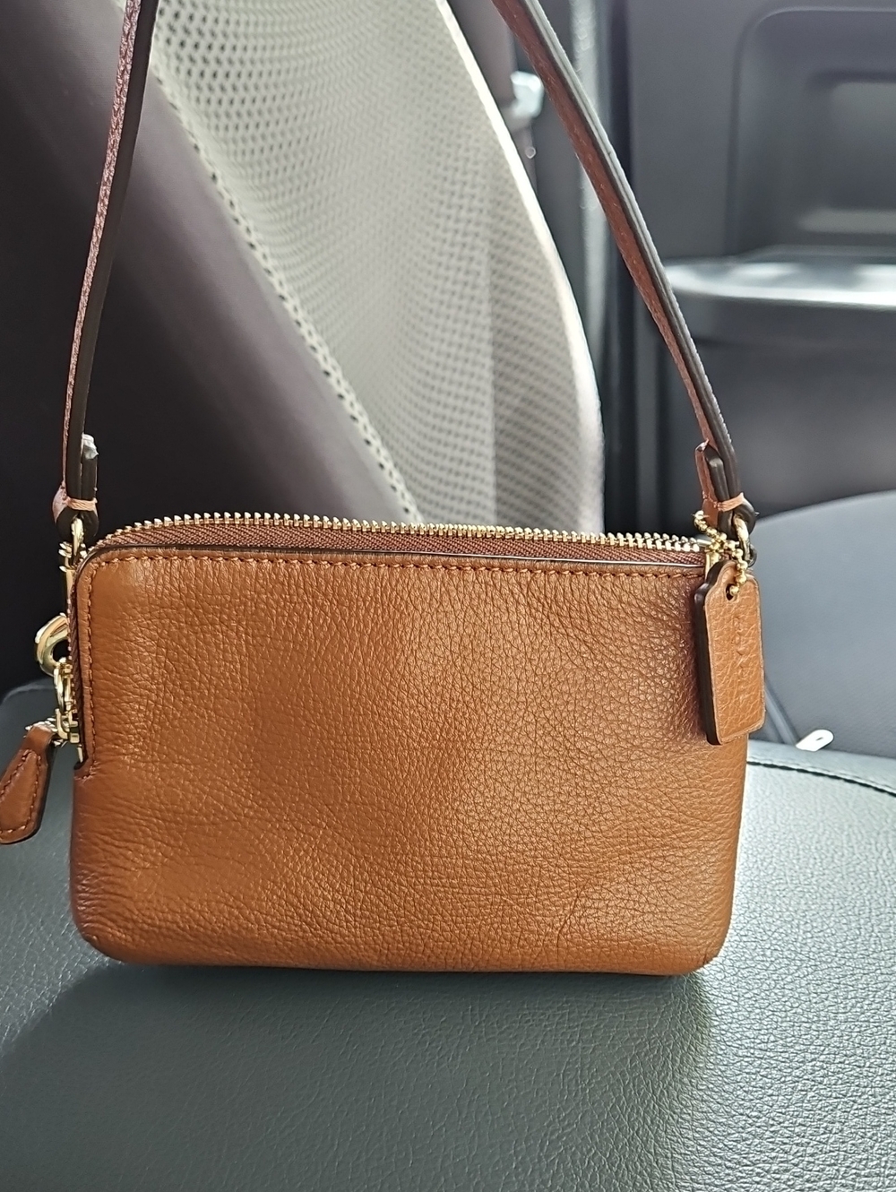 Coach Tan Pebbled Leather Double-Zip Wristlet with Gold Trim - Picture 3 of 12